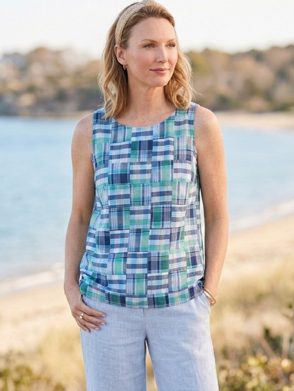 Talbots Women's Size MP Blue Green Madras Plaid Sleeveless Top